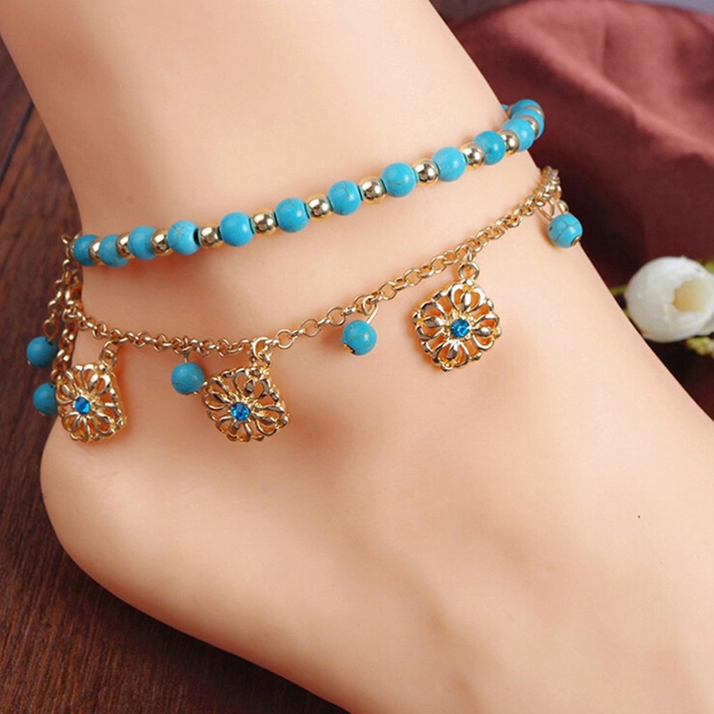 2pcs Bohemia Rhinestone Flower Beads Turquoise Foot Chain Anklet Bracelet