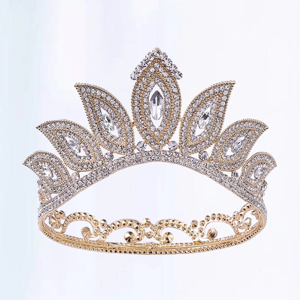 1PC Baroque Round Crown Eye Style Rhinestone Inlaid Alloy Crown Hair for Bride Lady (Golden White Rhinestone)