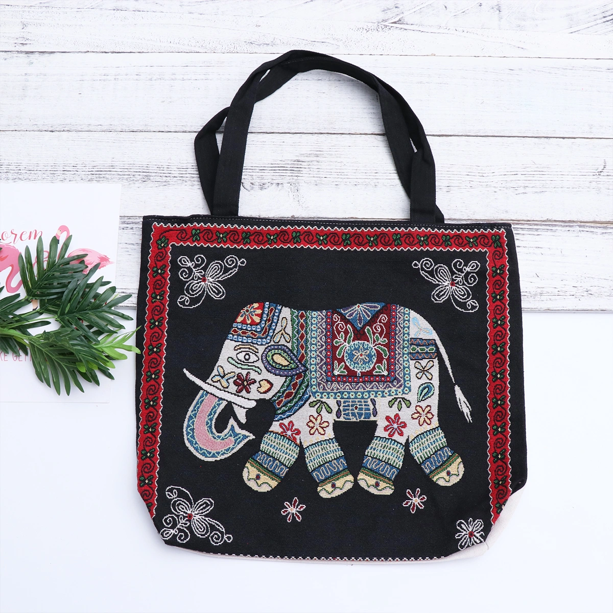 Jacquard Elephant Pattern Canvas Hemp Rope Tote Handbag Shoulder Bag Casual Shopping Bag (Black)