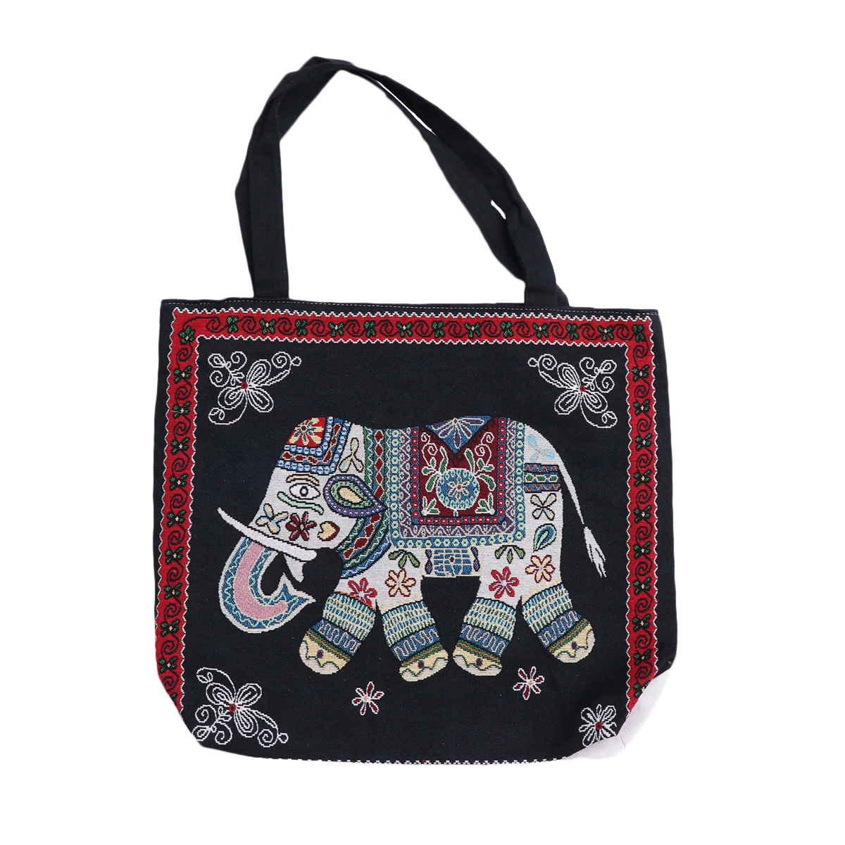 Jacquard Elephant Pattern Canvas Hemp Rope Tote Handbag Shoulder Bag Casual Shopping Bag (Black)