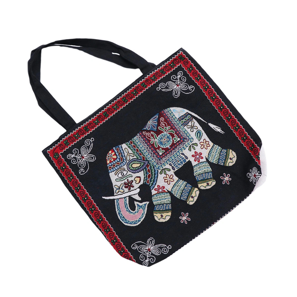 Jacquard Elephant Pattern Canvas Hemp Rope Tote Handbag Shoulder Bag Casual Shopping Bag (Black)
