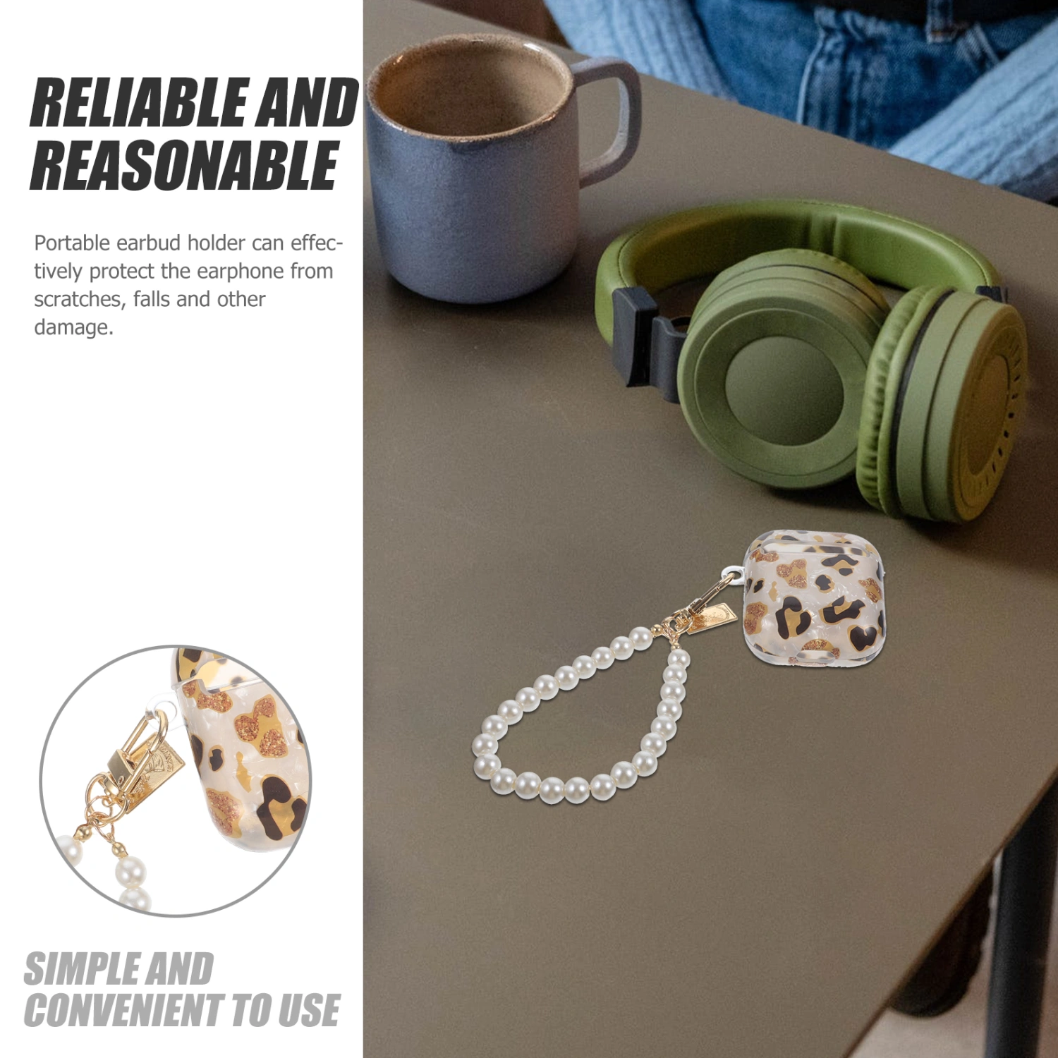 Earbud Carrying Case Earphone Storage Case Wireless Earphone Case with Pearl Chain Keyring Compatible with Airpods 1/2 Generation
