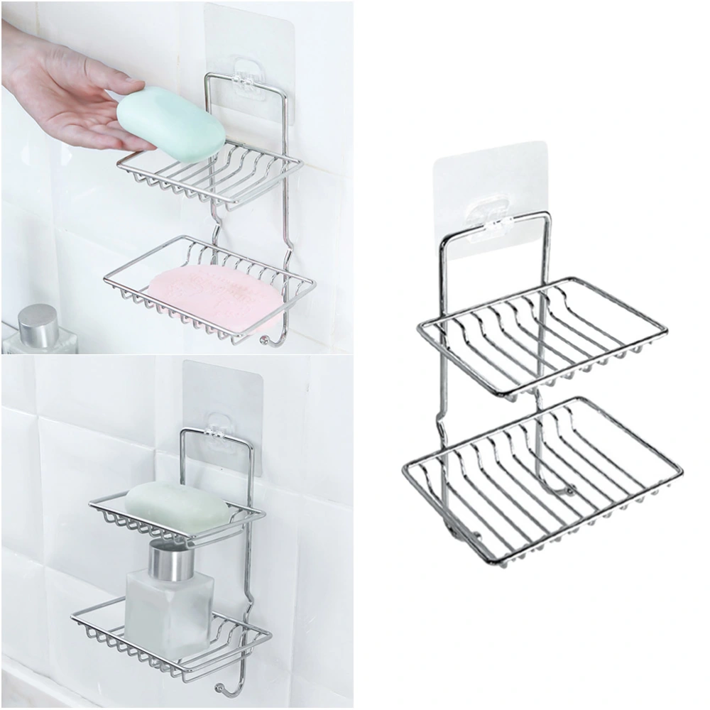 Stainless Steel Double-deck Soap Dish Holder No Drilling Shower Soap Sponge Holder for Bathroom Kitchen