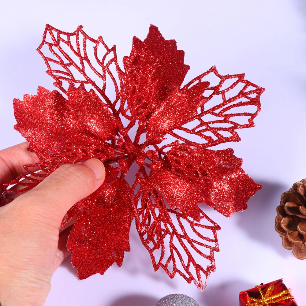 12 Pcs Glitter Poinsettia Flowers Hollow Artificial Flowers Christmas Ornaments Xmas Tree Hanging Pendant (Red)