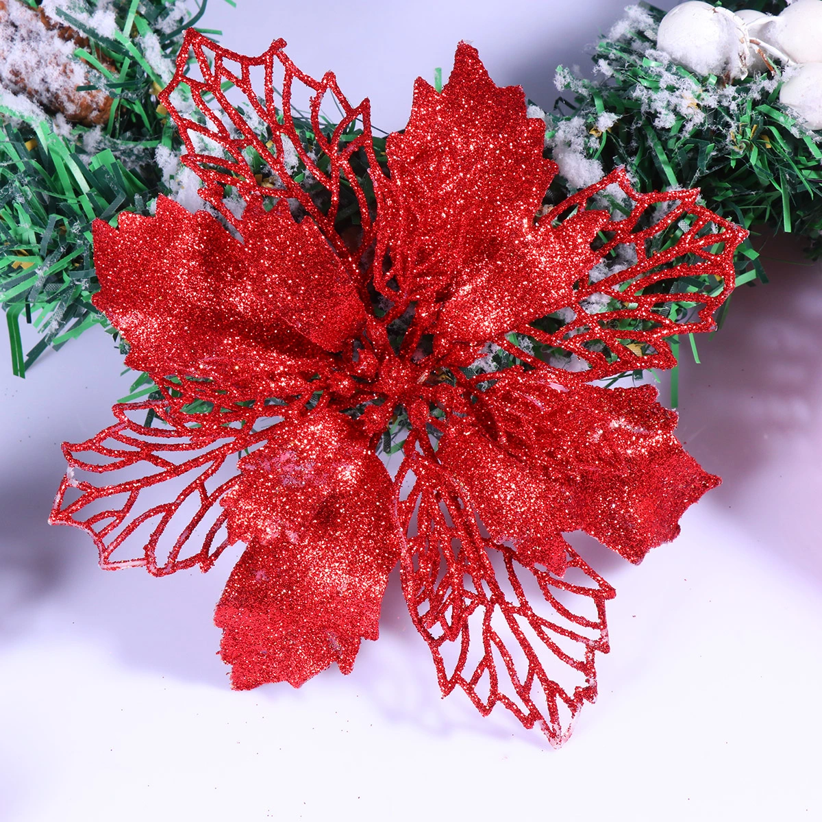 12 Pcs Glitter Poinsettia Flowers Hollow Artificial Flowers Christmas Ornaments Xmas Tree Hanging Pendant (Red)
