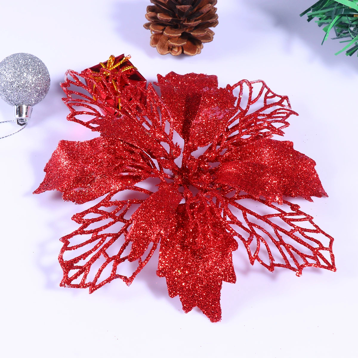 12 Pcs Glitter Poinsettia Flowers Hollow Artificial Flowers Christmas Ornaments Xmas Tree Hanging Pendant (Red)
