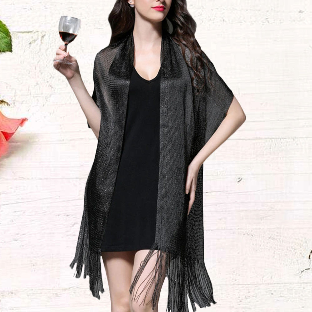 Women Wedding Evening Wrap Shawl Scarf Sun Protection Long Large Shawl Beach Party Prom Scarf with Tassel Fringe (Black)