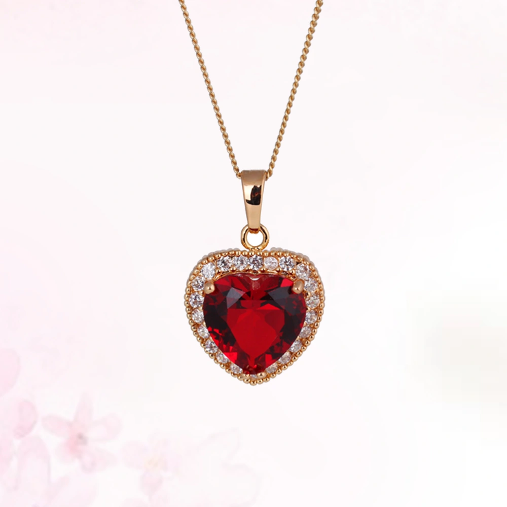 Women Heart Shape Necklace Simple Large Red Zircon Micro-inlay Personalized Neck Decor for Lady Girls (Gold)