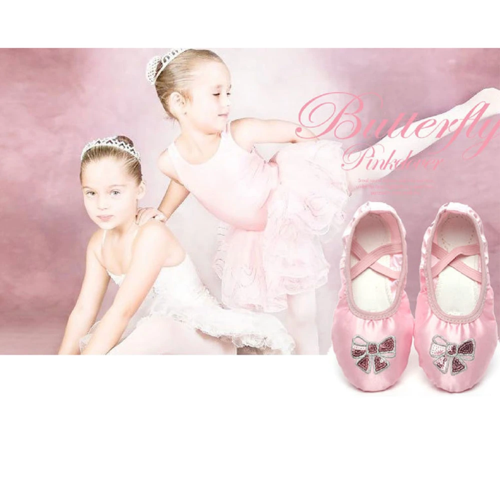 Satin Ballet Practice Shoes Embroidery Sequins Yoga Shoes Sole Dance Shoes for Kids Girls - Size 34 (Pink)