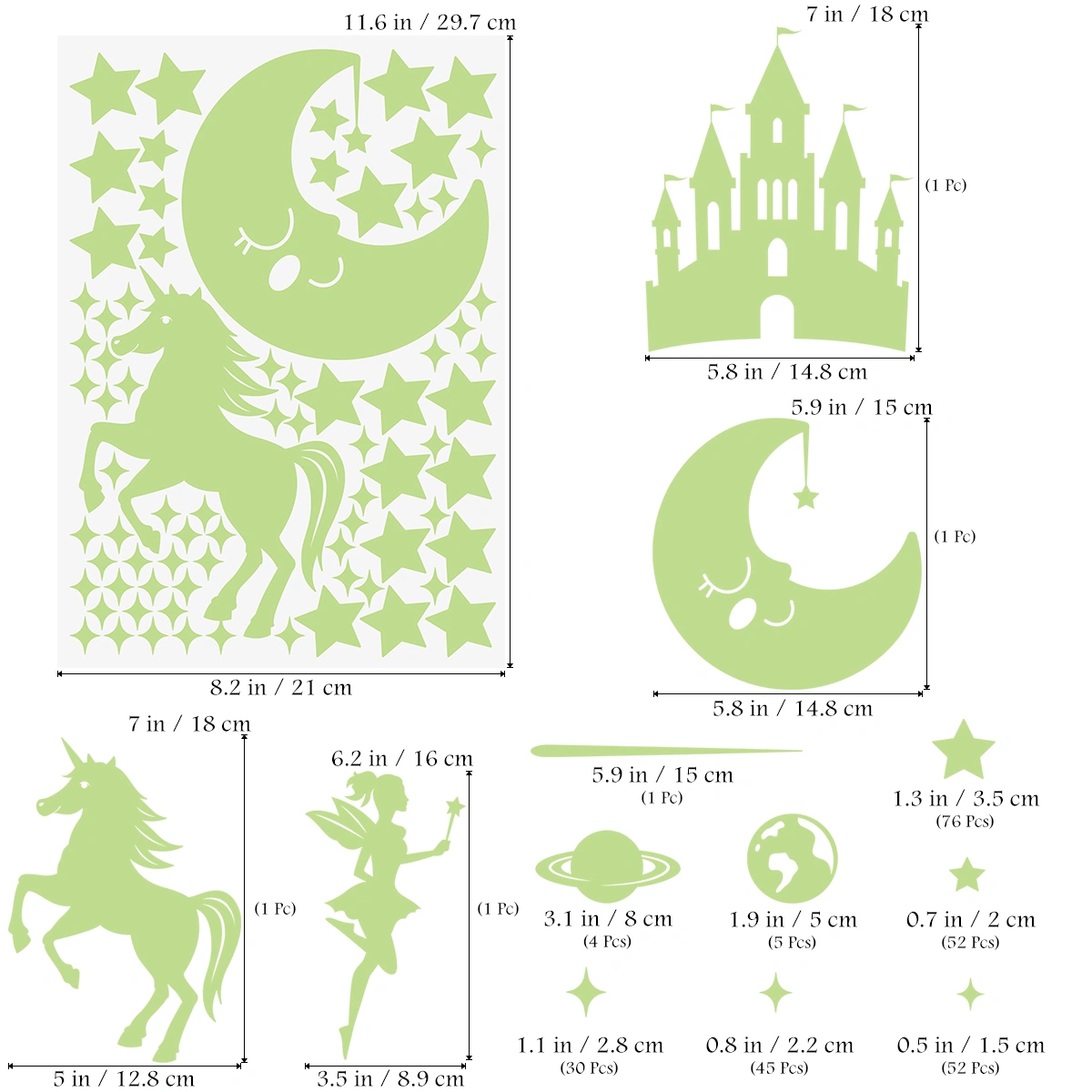 Toyvian 282pcs Luminous Stars Stickers Fluorescent Stars Wall Ceiling Stickers Kids Dreamlike Rooms Home Decor DIY Art Decals (Green)
