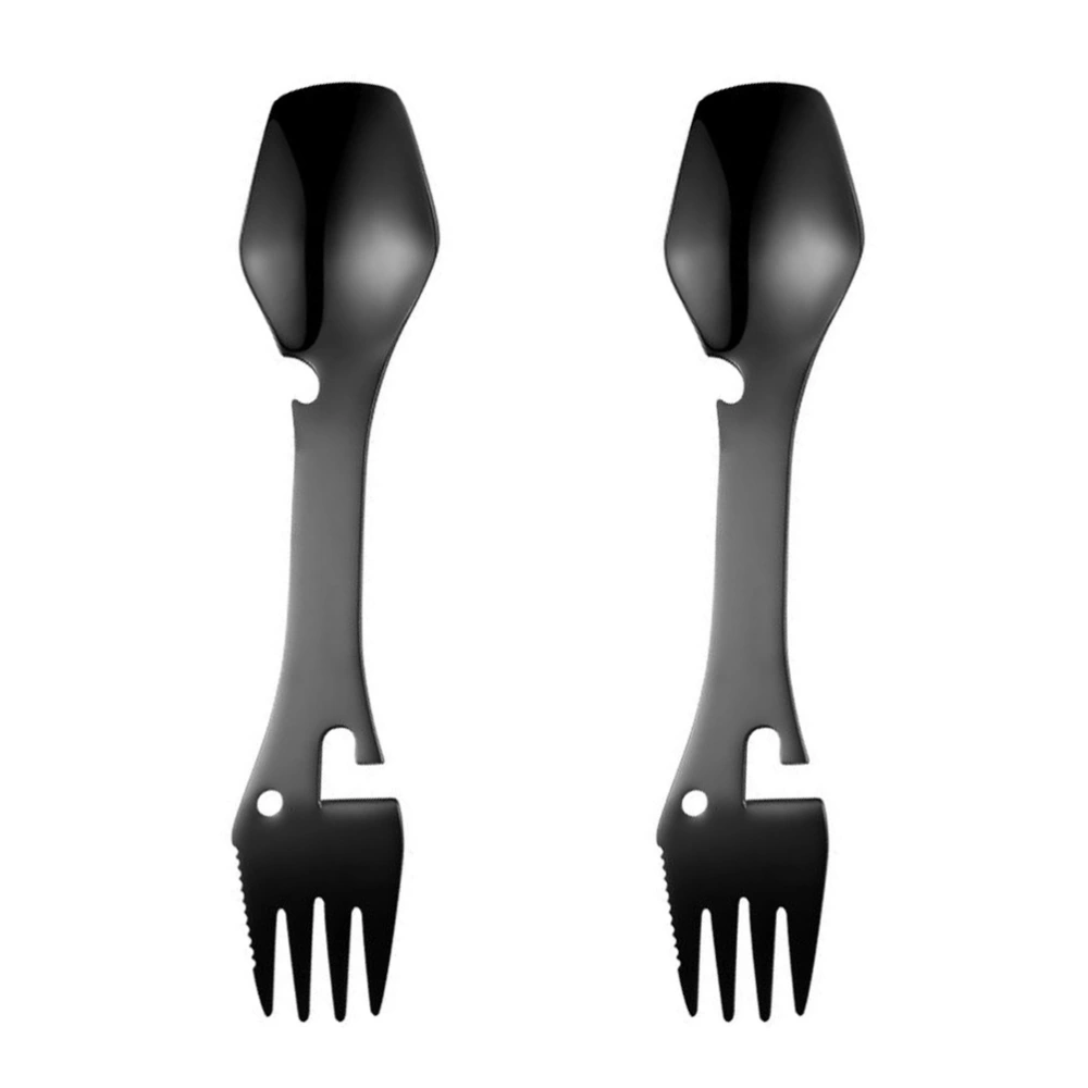 2pcs Stainless Steel Multi-functional Spork Bottle Openers for Home (Black)