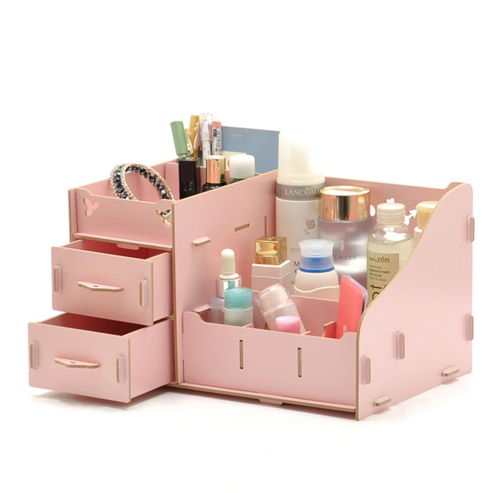 Wooden Desktop Makeup Jewelry Cosmetic Storage Display Beauty Box Organizer (Pink)