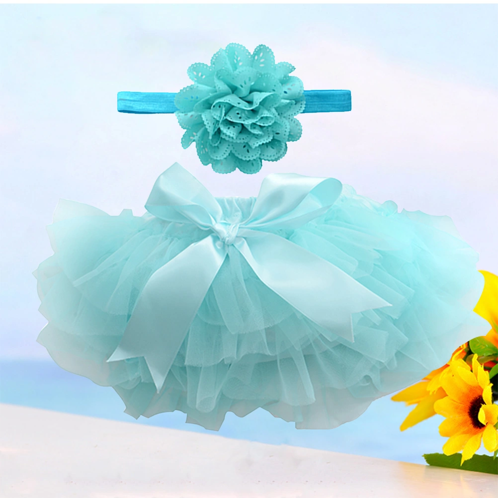 1pc Tutu Skirt and Flower Headband Baby Girls Photography Props Newborn Birthday Dress Headwear Size L(Blue)