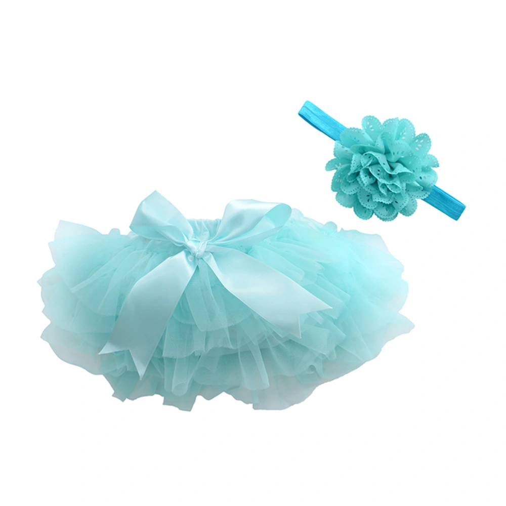 1pc Tutu Skirt and Flower Headband Baby Girls Photography Props Newborn Birthday Dress Headwear Size L(Blue)