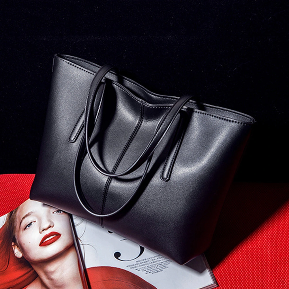 Black Elegant PU Handbag Fashion Large Capacity Tote Bag Durable Shopping Bag Portable Shoulder Pouch for Lady Woman