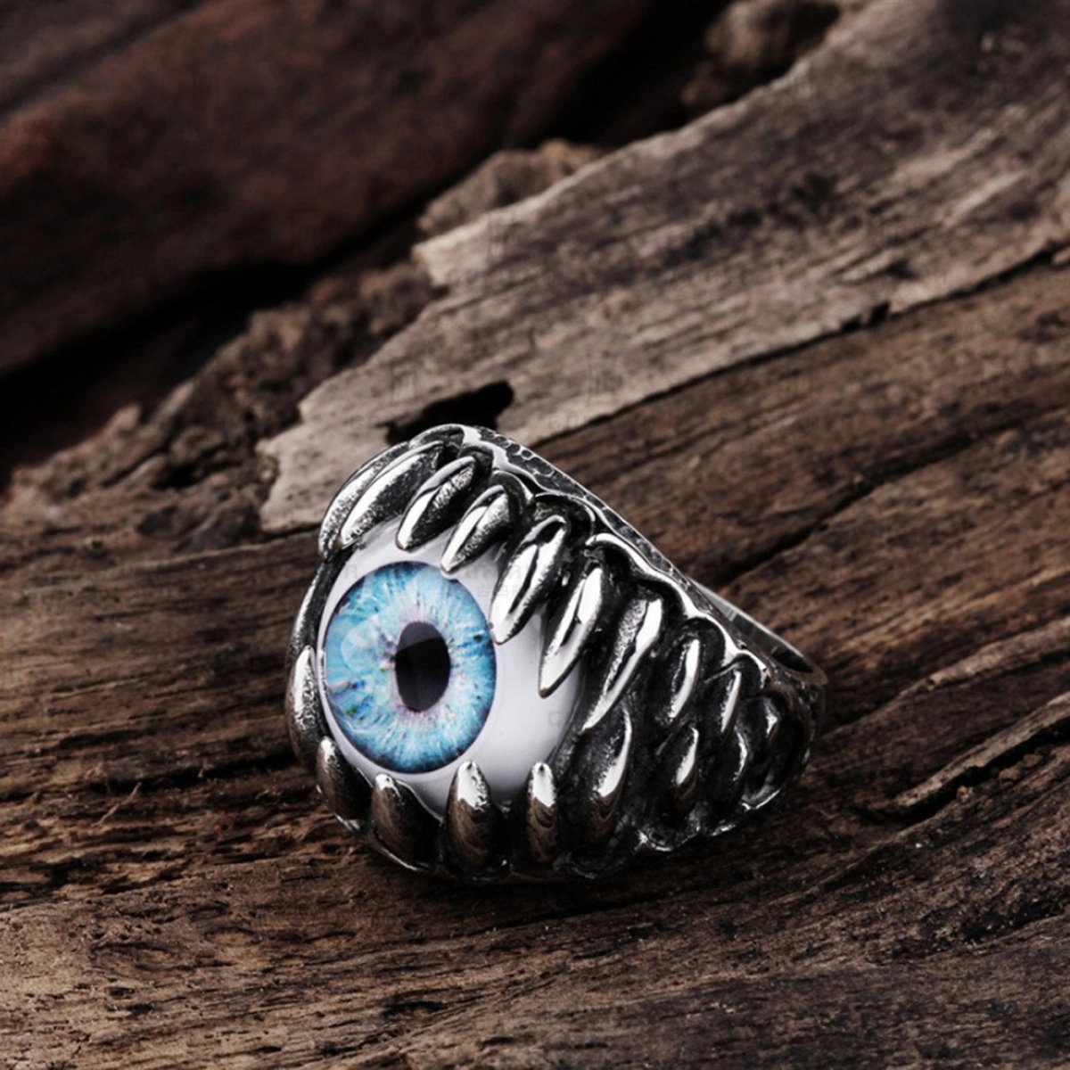 Men's Super Cool Talons and Fangs Blue Devil's Eyes Titanium Steel Rings (Size 9)