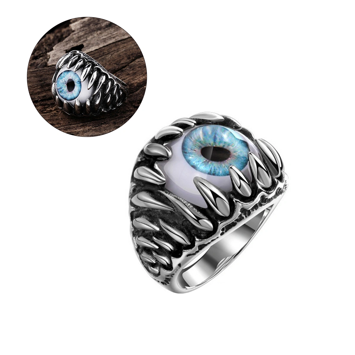Men's Super Cool Talons and Fangs Blue Devil's Eyes Titanium Steel Rings (Size 9)