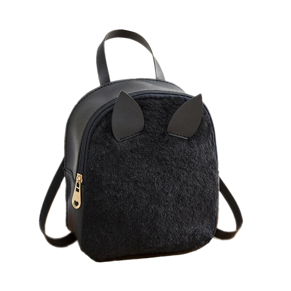Plush Backpack All-Match Fashionable Rabbit's Ear Storage Bag for Child Kid Girl (Black)