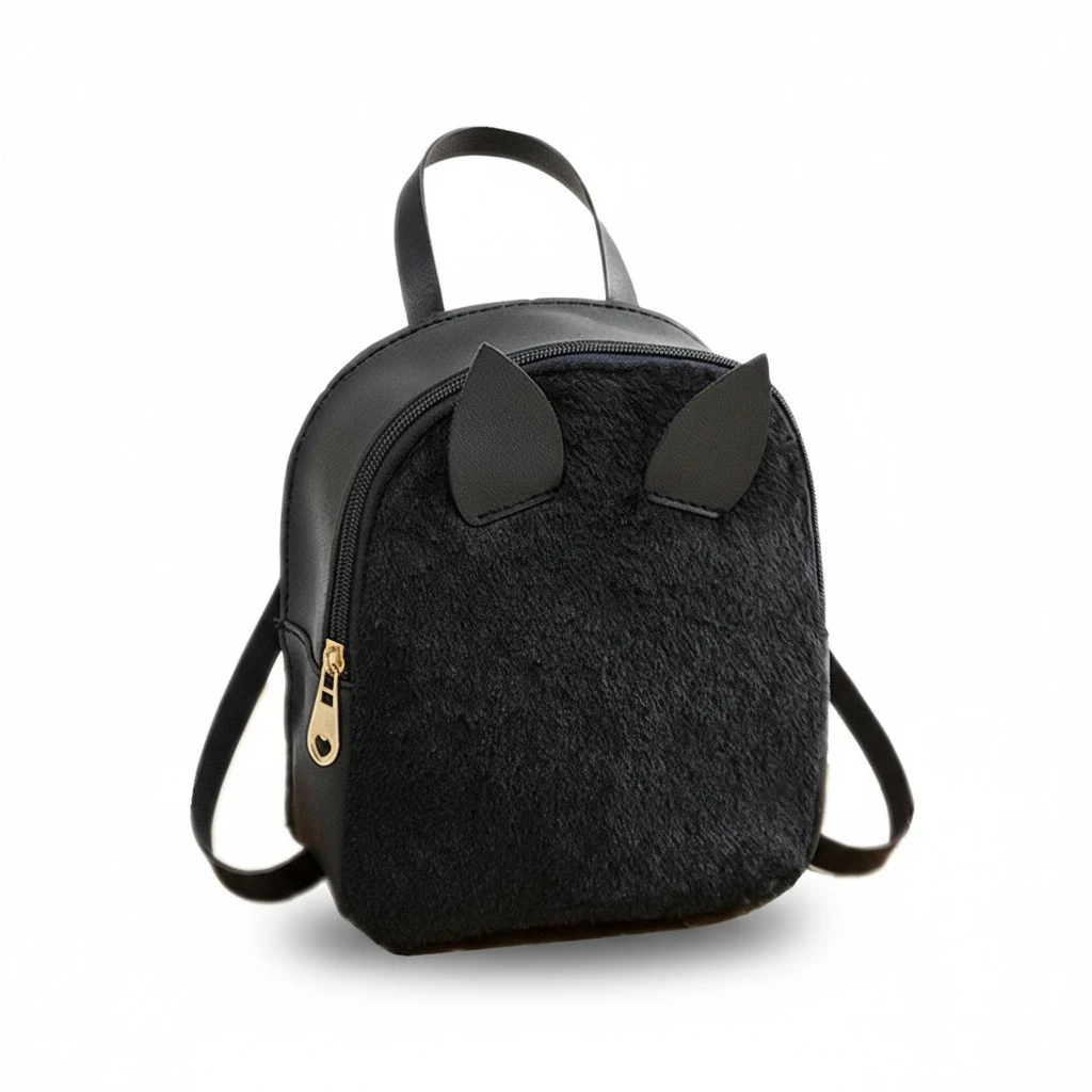 Plush Backpack All-Match Fashionable Rabbit's Ear Storage Bag for Child Kid Girl (Black)