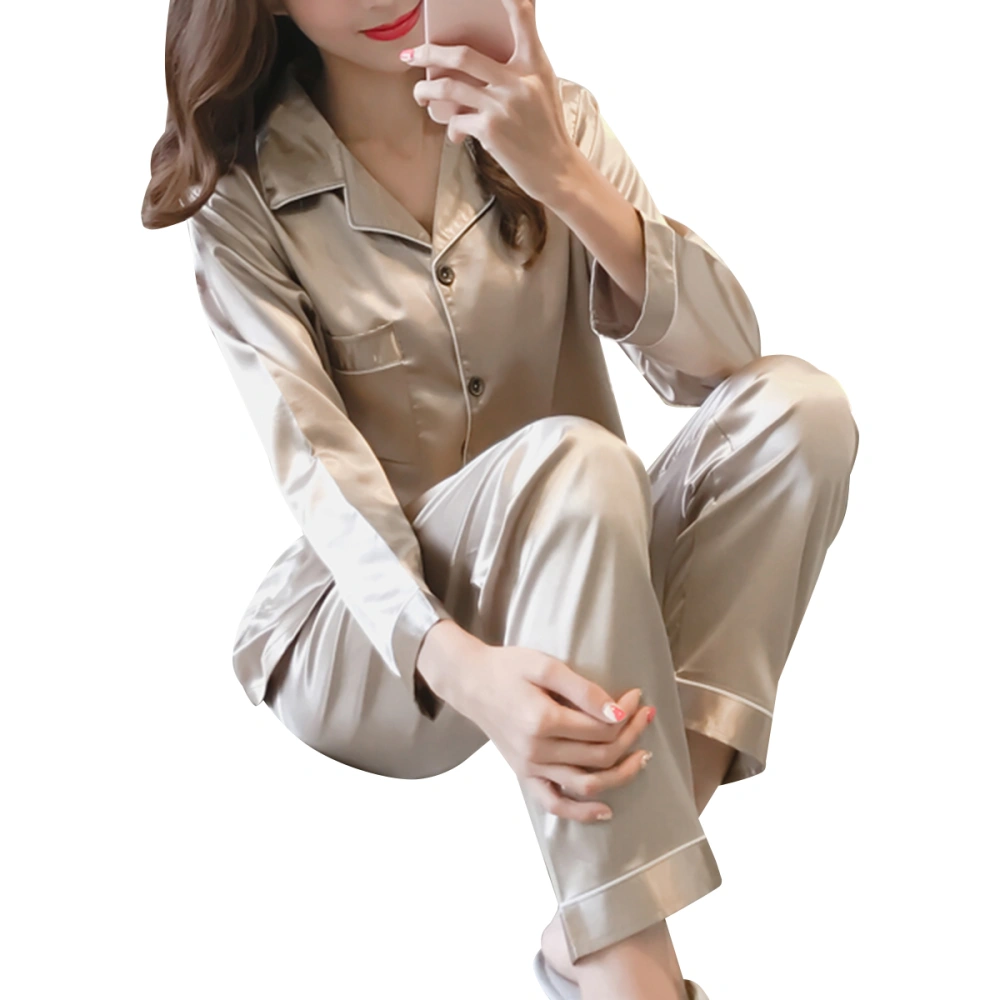 1 Set Female Nightclothes Trousers Simulated Silk Pajamas Set Fresh Long Sleeve Sleepwear Kit Household Cardigan Sleeping Clothings Kit for Spring Autumn Girl Lady Wearing (Size XL Champagne Gold)