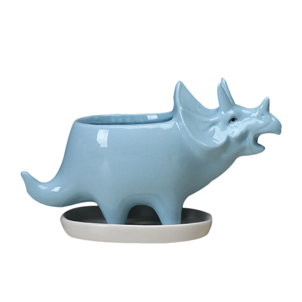 1PC Dinosaur Flowerpot Cartoon Triceratops Flower Pot Adorable Triceratops Succulent Flowerpot Ceramic Animal Succulent Flowerpot Crafts Creative Dinosaur Succulent Planter for Home Office with Tray Without Plants(Blue)