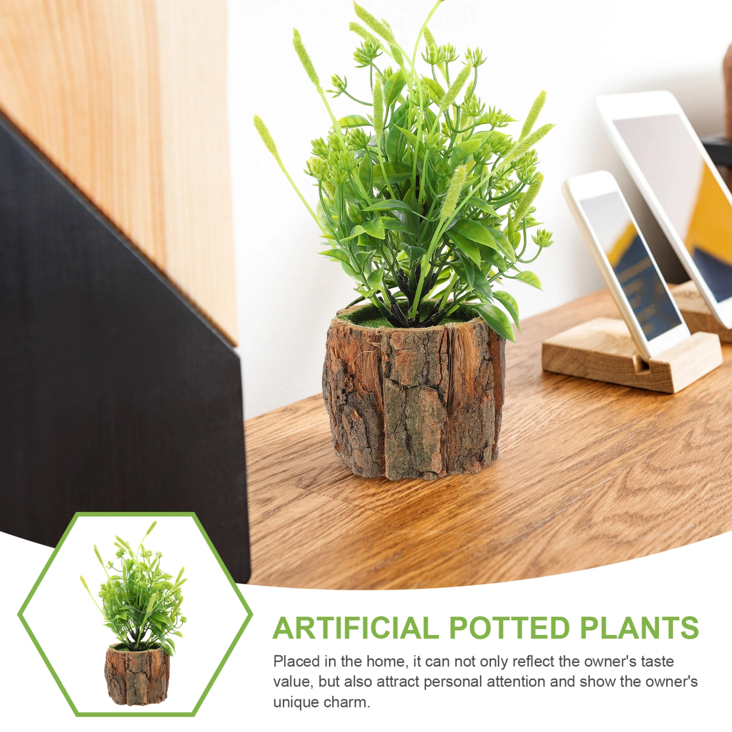 1Pc Artificial Wooden Pot Potted Plant Home Office Garden Decor Potted Plant