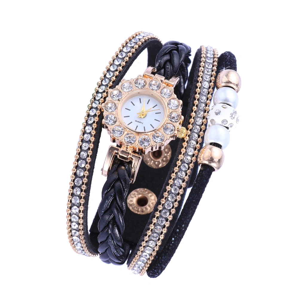 Women Weave Watch Fashion Personality Bracelet Diamond-studded Pearl Multi-layer Watch (Black)