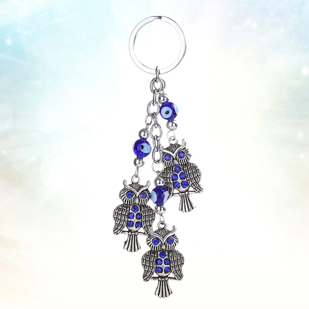 Creative Diamond-encrusted Key Ring Little Owls Shaped Charm Keychain Bag Pendant Jewelry Accessories Car Decoration (Blue)
