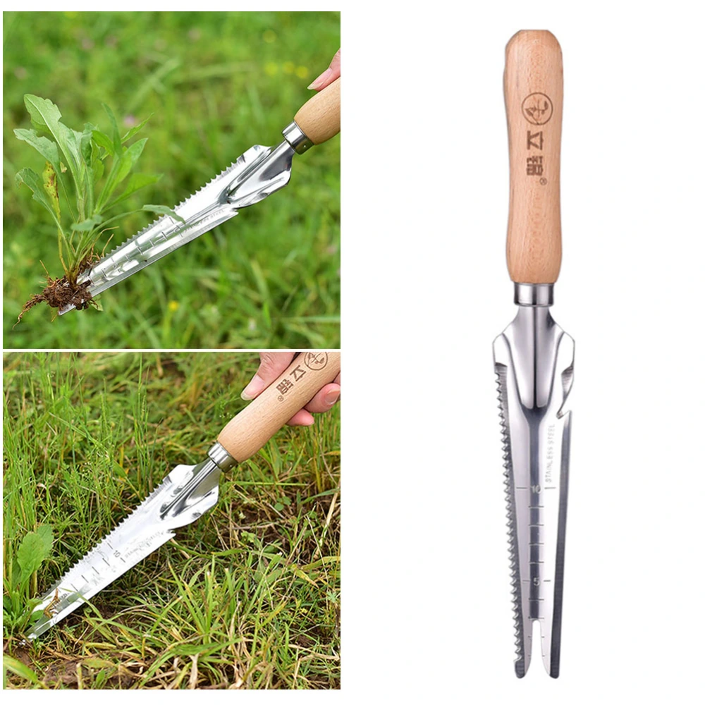 1Pc Multipurpose Root Removing Shovel Root Remover Durable Stainless Steel Weeding Sickle Manual Weeder with Wooden Handle for Garden (Silver)