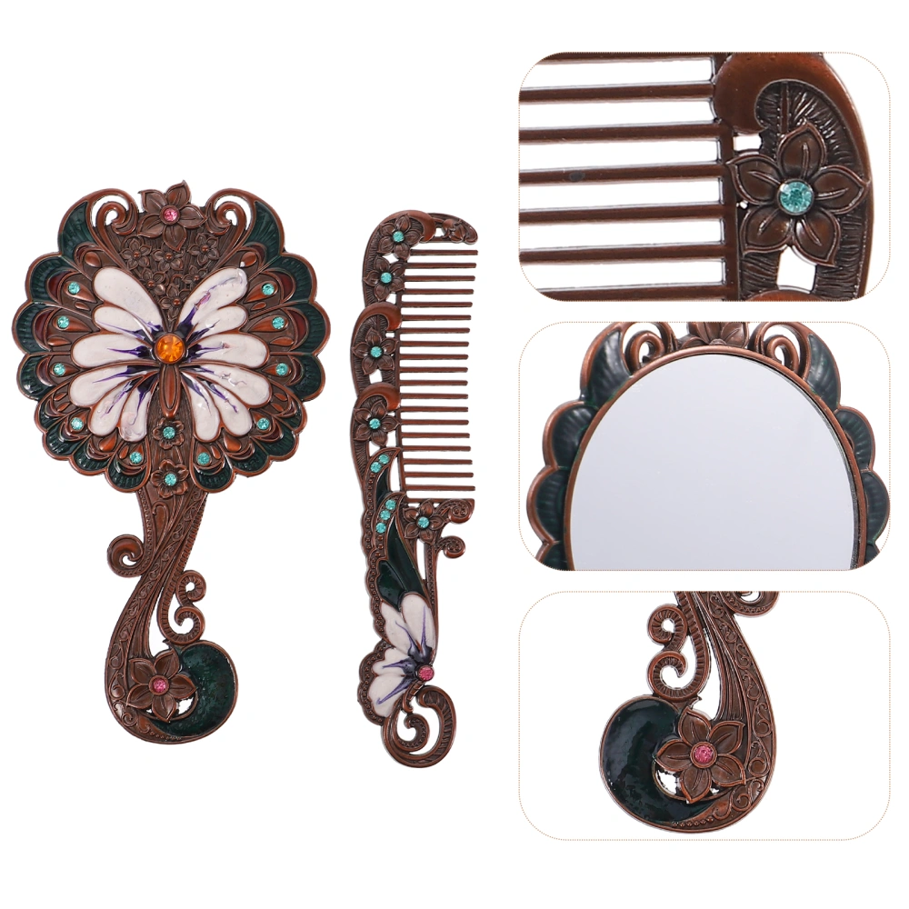 1 Set/2pcs Retro Style Handhold Makeup Mirror Delicate Mirrors and Comb