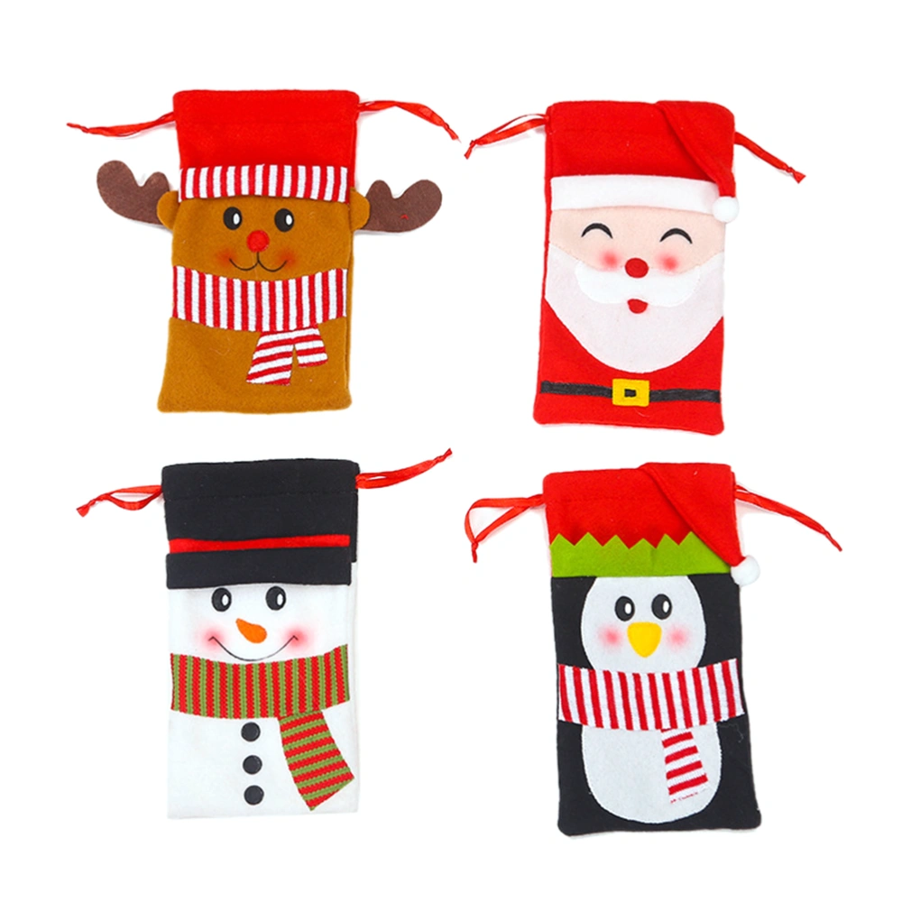 4pcs Christmas Drawstring Gift Pouch Design Candy  Bag Cookie Bags Wrappers Drawstring Pouch Creative Portable Bag Party Supplies(Santa, Snowman, Elk and Penguin, 1pc for Each Pattern)