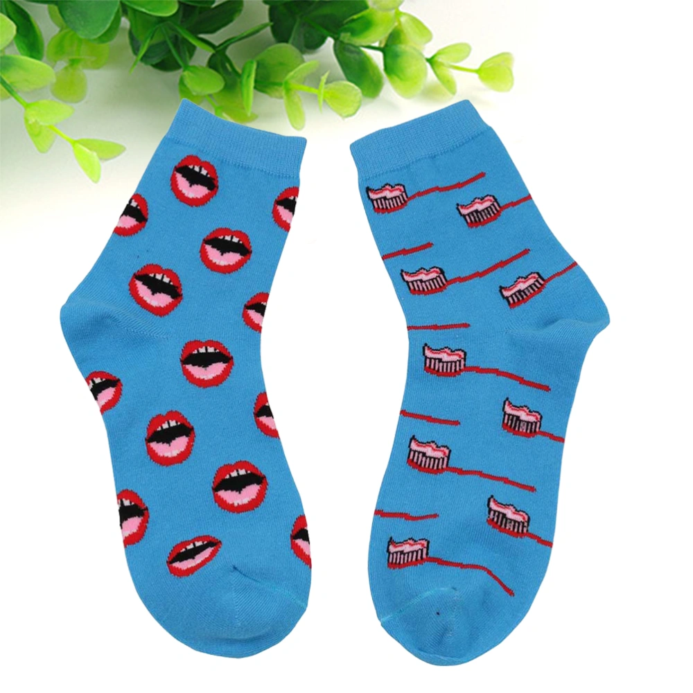 Winter Autumn High Ankle Socks In Tube Sock Cotton Teeth and Toothbrush Women Men Socks (Blue)