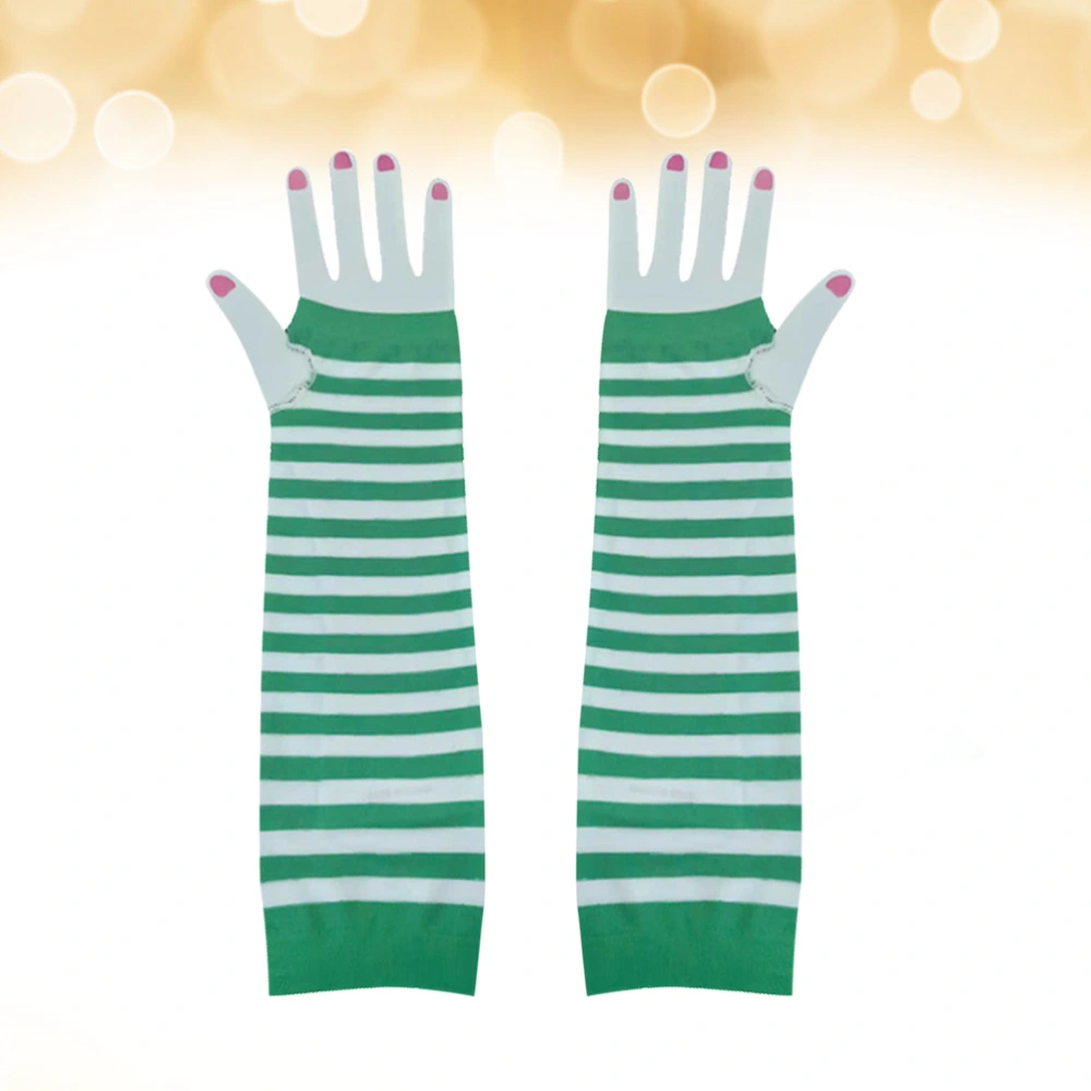 1 Pair St.Patrick's Day White Green Striped Sleeve Party Striped Long Gloves(Green White)