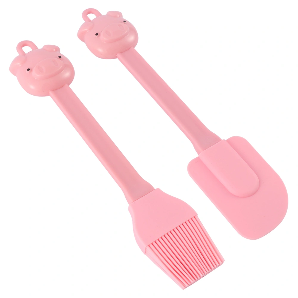 1 Set 2pcs Cartoon Pig Shape Silicone Scraper Brush Kids Baking Tools Supplies (Pink)