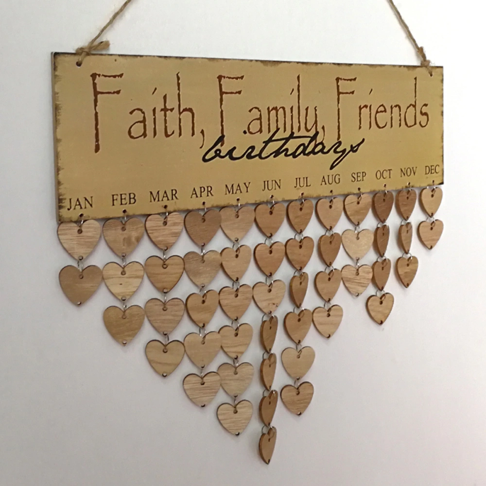 Faith Family Friends Printed Colorful Letters Hanging Wooden Plaque Board Festival Birthday Reminder DIY Calendar Gift for Home Party Decoration (1 Plaque, 1 Rope, 50 Heart Wooden Slices)