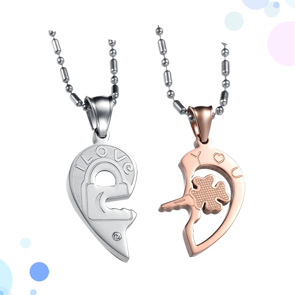 2pcs Romantic Couple Lover Pendant Necklace Exquisite I Love YOU Letter Fashion Neck Decoration Necklace with Chain (Silver + Rose Gold)