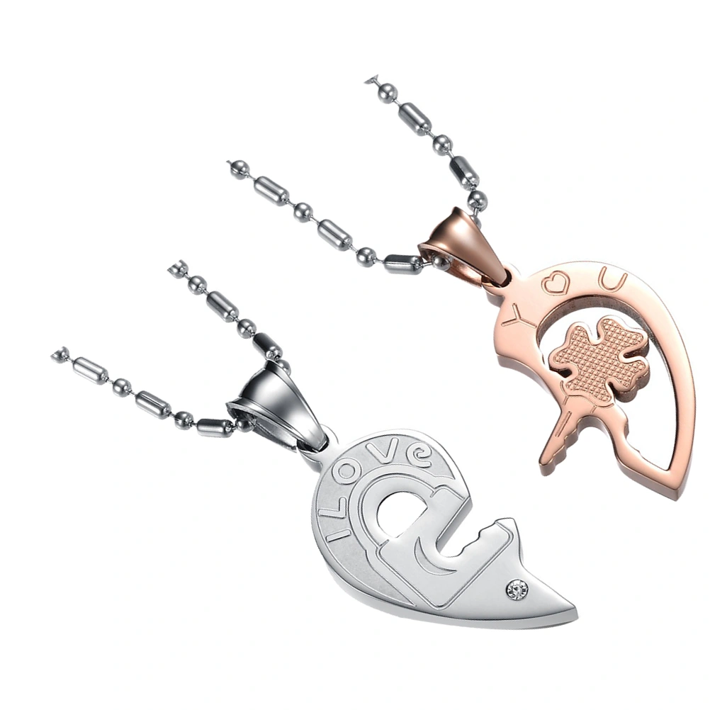 2pcs Romantic Couple Lover Pendant Necklace Exquisite I Love YOU Letter Fashion Neck Decoration Necklace with Chain (Silver + Rose Gold)