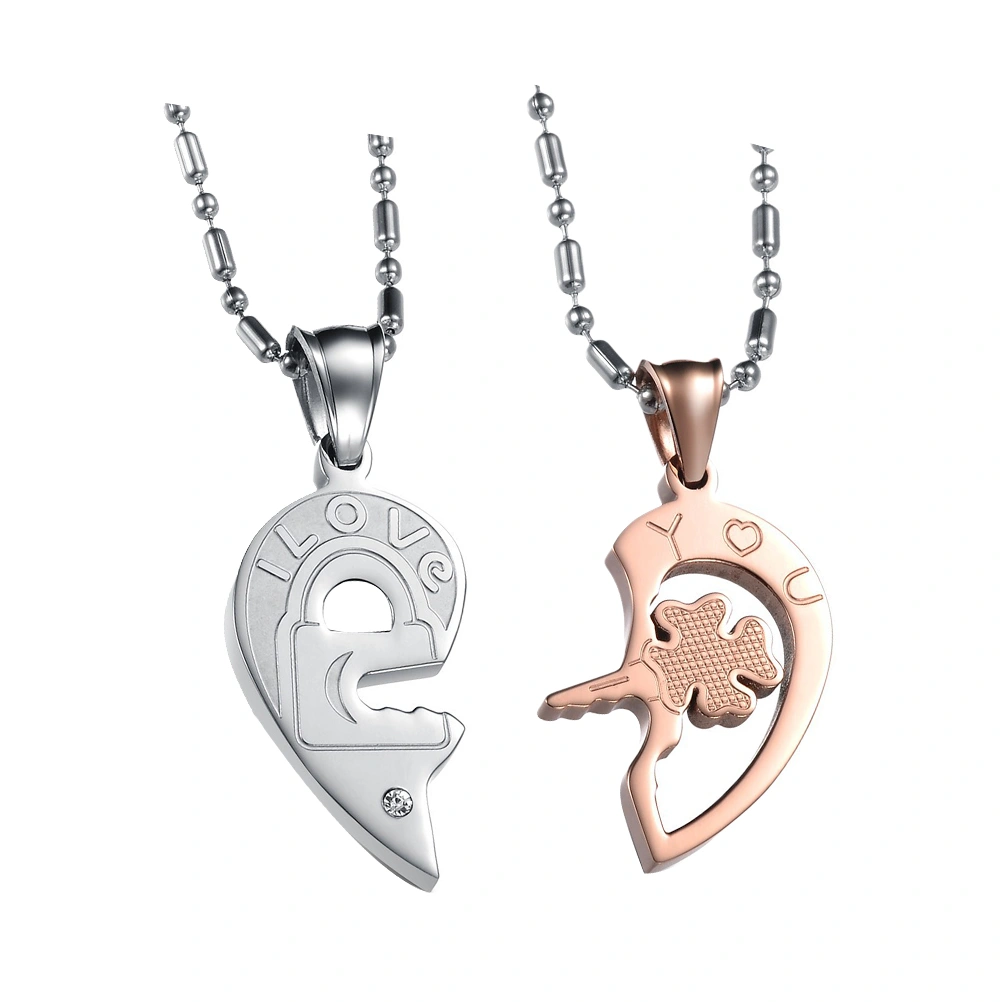 2pcs Romantic Couple Lover Pendant Necklace Exquisite I Love YOU Letter Fashion Neck Decoration Necklace with Chain (Silver + Rose Gold)