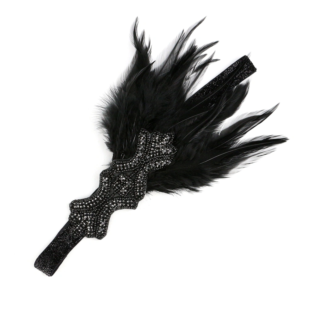 Feather Headband Retro Elastic Hair Fashion Flapper Feather Headewear (Black)