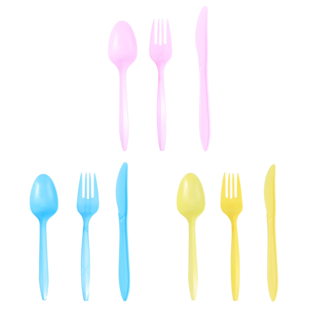 18PCS Disposable Plastic Tableware Party Cutlery Spoons Forks Birthday Party Dinnerware for Jelly Ice Cream Dessert (Yellow+Pink+Blue)