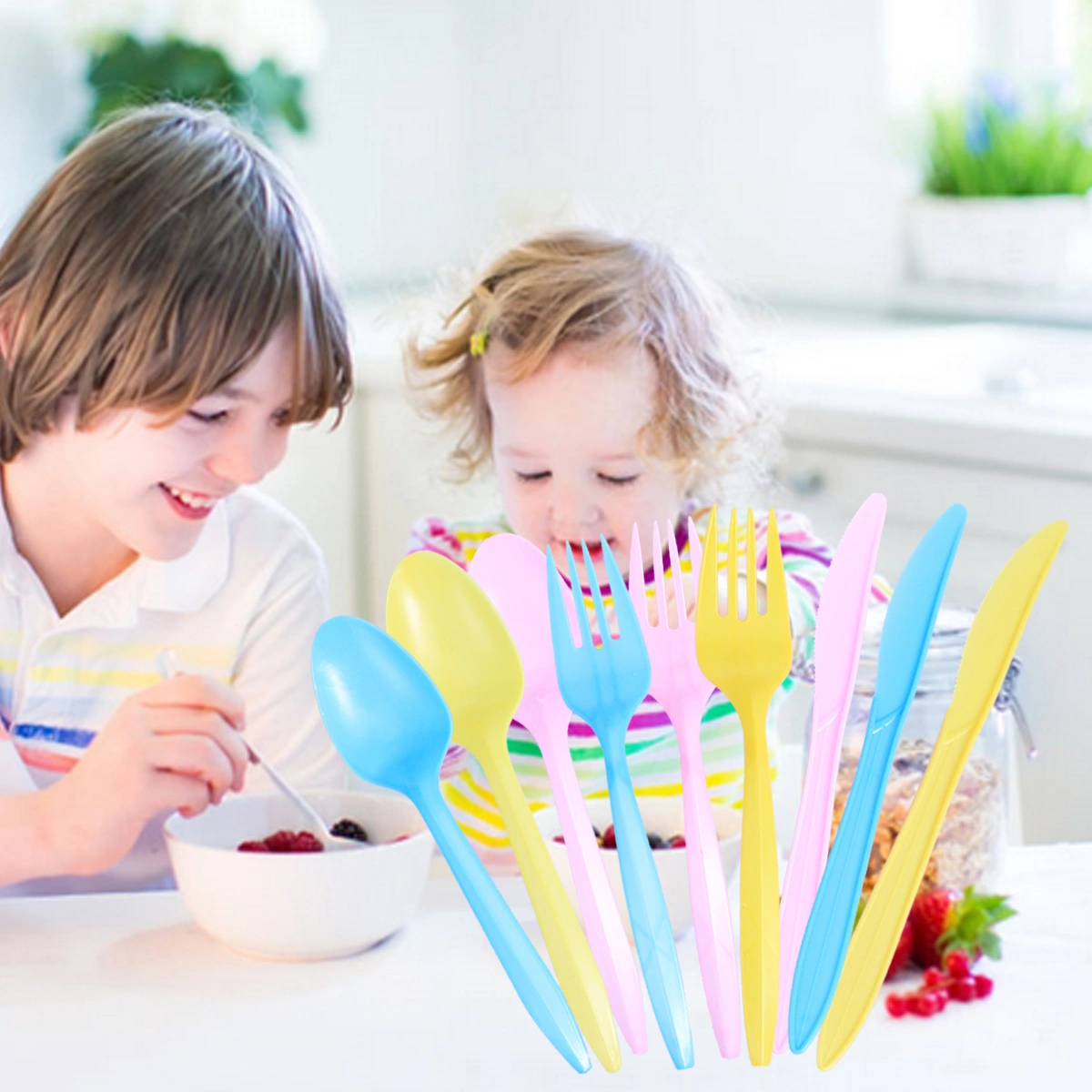 18PCS Disposable Plastic Tableware Party Cutlery Spoons Forks Birthday Party Dinnerware for Jelly Ice Cream Dessert (Yellow+Pink+Blue)
