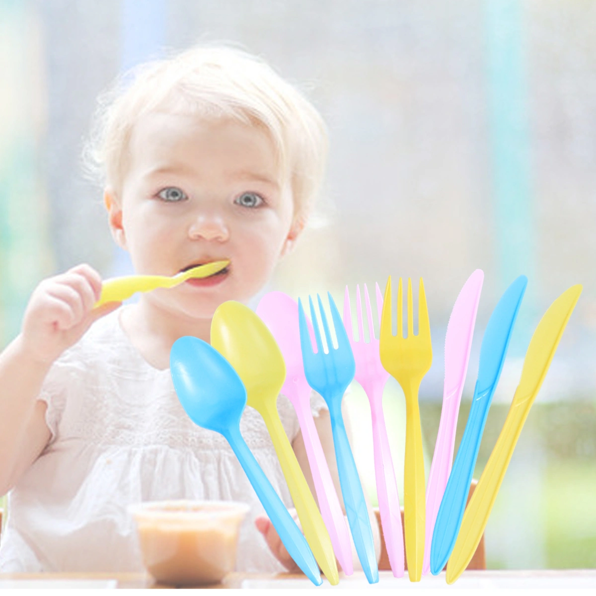 18PCS Disposable Plastic Tableware Party Cutlery Spoons Forks Birthday Party Dinnerware for Jelly Ice Cream Dessert (Yellow+Pink+Blue)