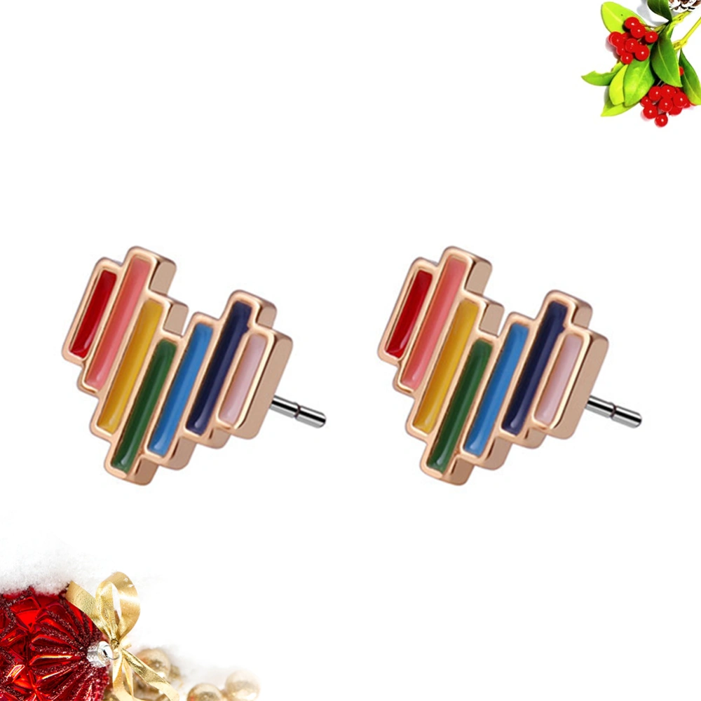 1 Pair of Drip Oil Alloy Earring Pin Rainbow Color Ear Stud Heart Shape Earpin for Women Ladies Valentine's Day Gift