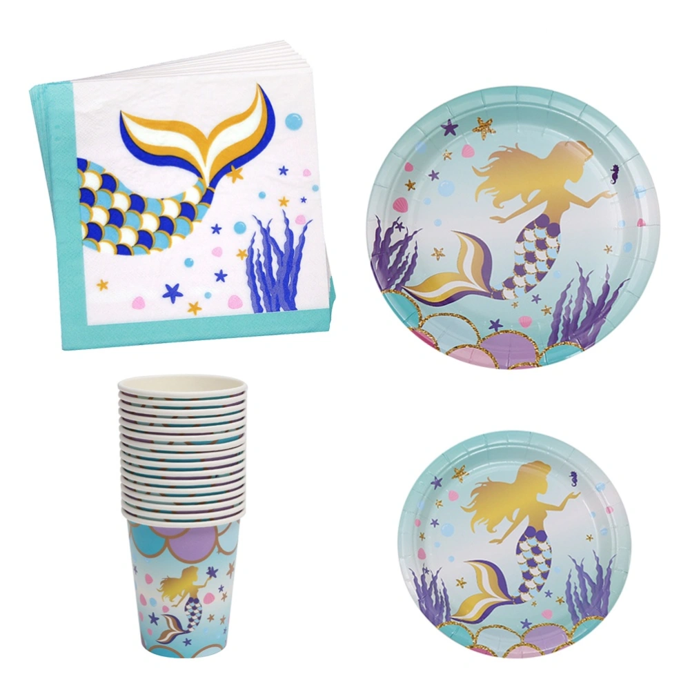 68pcs Mermaid Theme Disposable Tableware Paper Cup Plates Dinnerware Set Lovely Fishtail Printing Napkins Set Baby Birthday Party Supplies