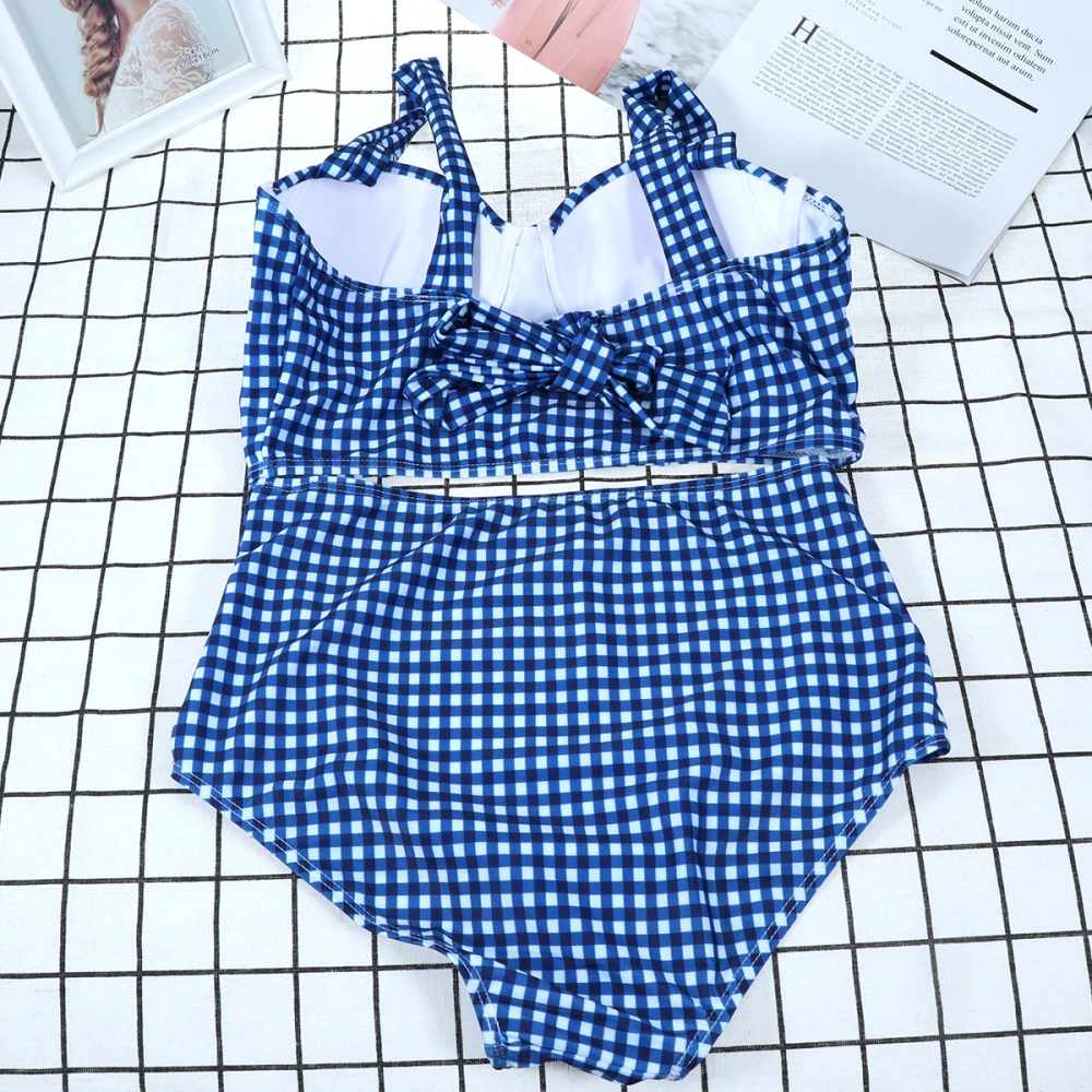 Vintage High Waist Plaid Bikini Set Korean Style Back Bow Lace Up Sexy Women Bikinis Two-piece Beach Swimwear(XL)