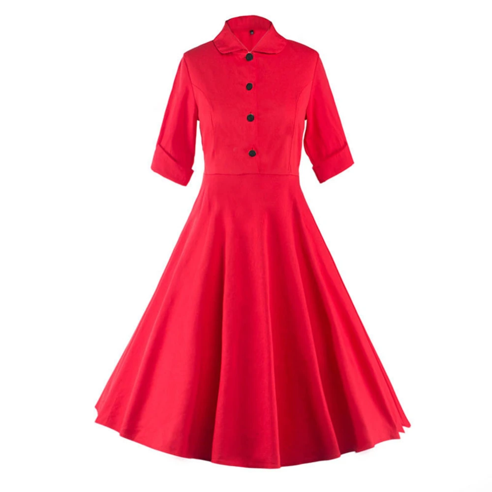 Women 1950s Style Vintage Autumn and Winter Turn-down Collar Half Sleeve Swing Cocktail Dress - Size XXL (Red)