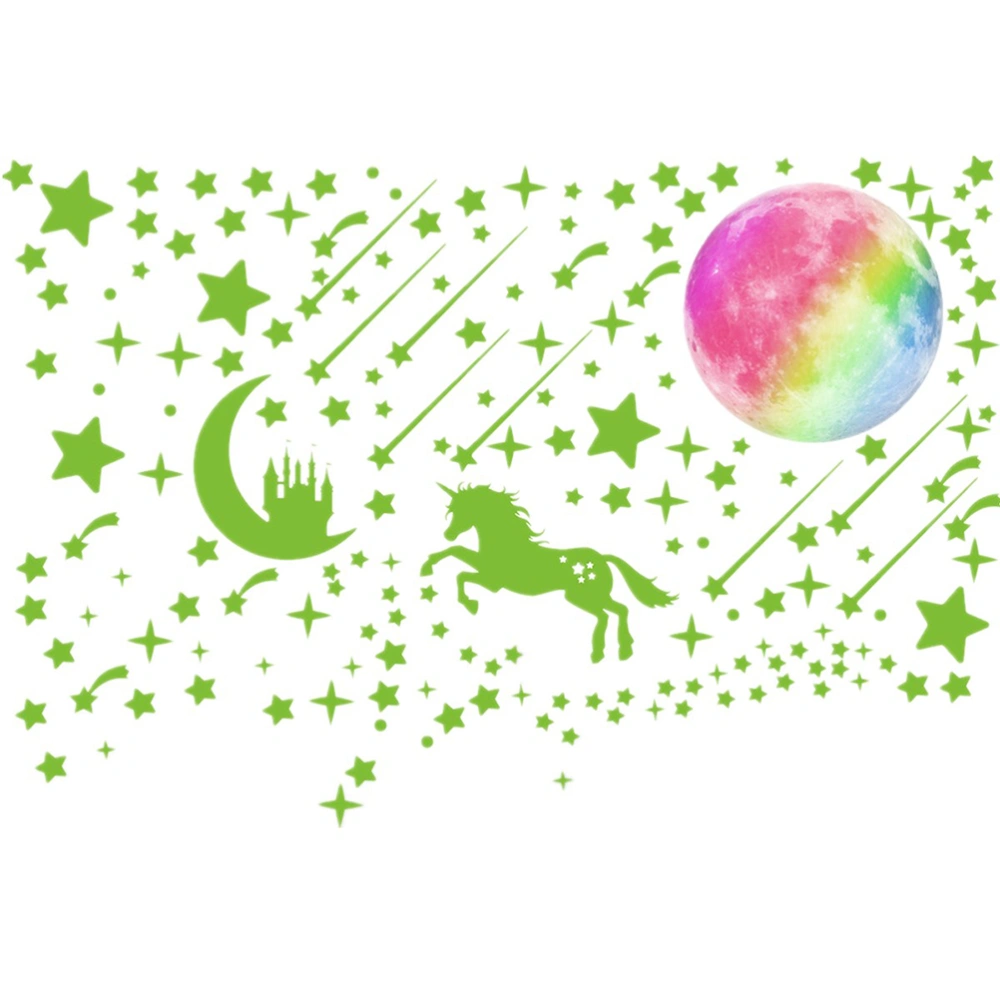 1 Set of 297pcs Luminous Decorative Wall Stickers Cartoon Wall Decals  Moon Castle Meteor Unicorn Sticker Wall Decoration (Light Green)