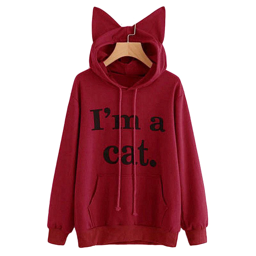 Fashion Women Front Pocket Cat Ear Hoodie Sleeping Letters Printed Pullover Sweatshirt Size M (Wine Red)