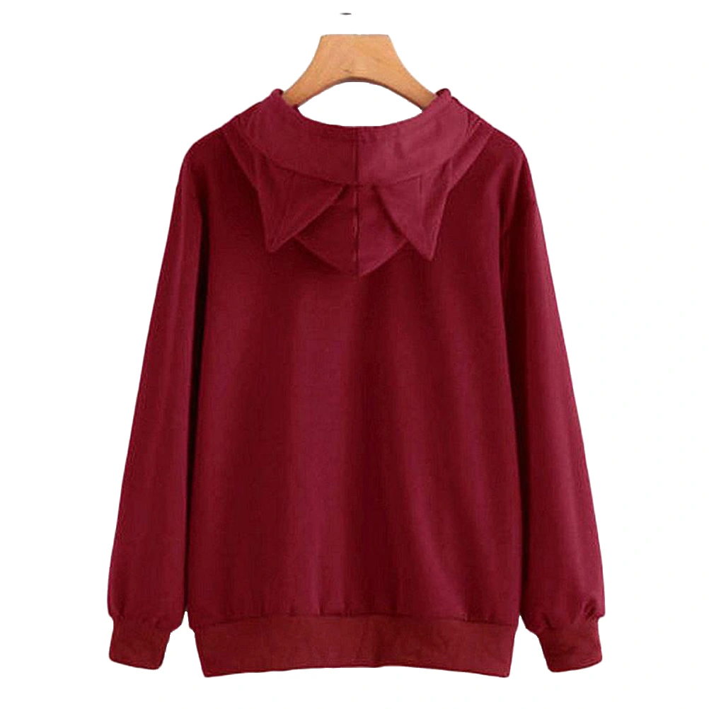 Fashion Women Front Pocket Cat Ear Hoodie Sleeping Letters Printed Pullover Sweatshirt Size M (Wine Red)