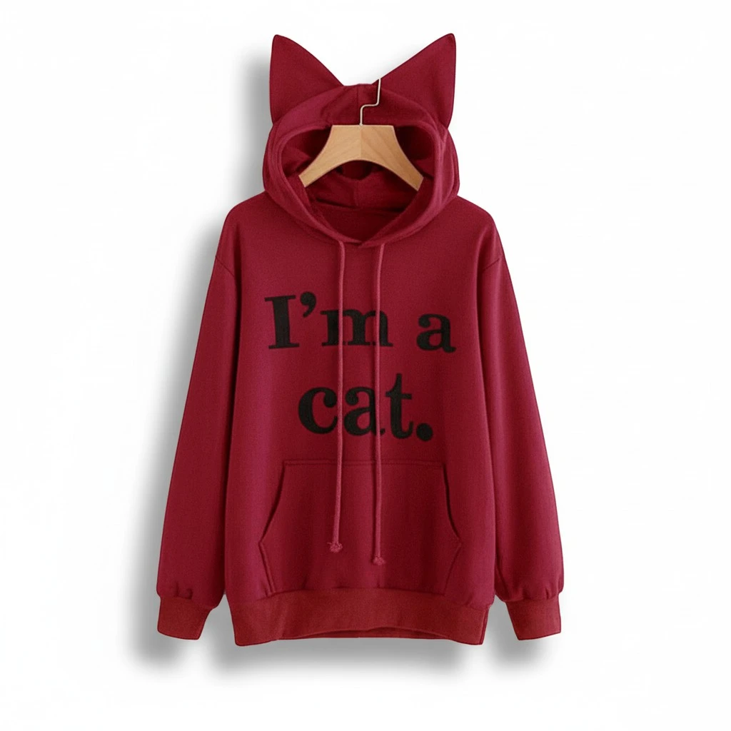 Fashion Women Front Pocket Cat Ear Hoodie Sleeping Letters Printed Pullover Sweatshirt Size M (Wine Red)